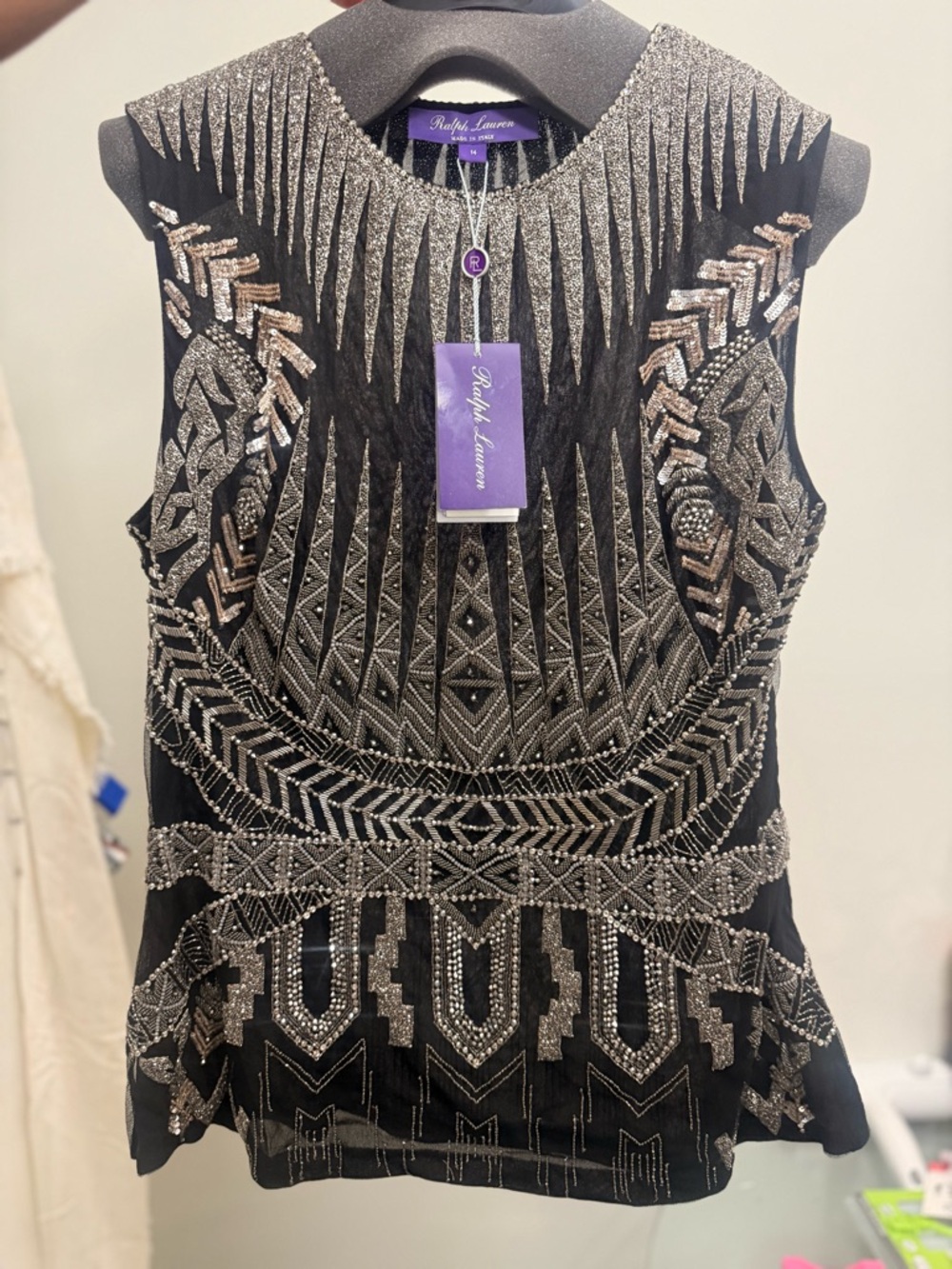 Ralph Lauren Black Top with Metallic Silver Beaded Fringe